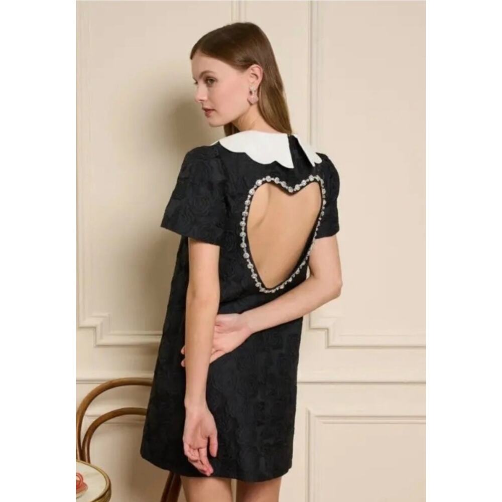 Sister Jane Black Mini Dress with White Collar and Heart Back Cutout